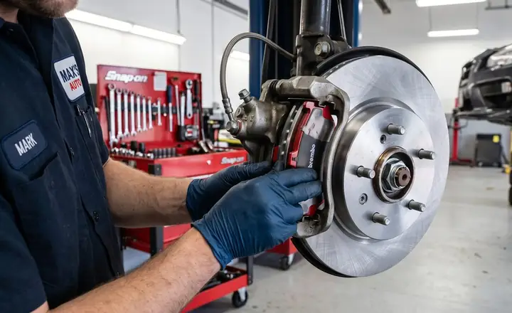 A mechanic fitting a new brake pad and rotor onto a wheel hub